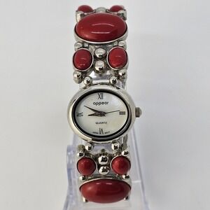 Appear Women's Watch 23MM White Dial Gray Red‎ Bracelet 6.5" Wrist New Battery
